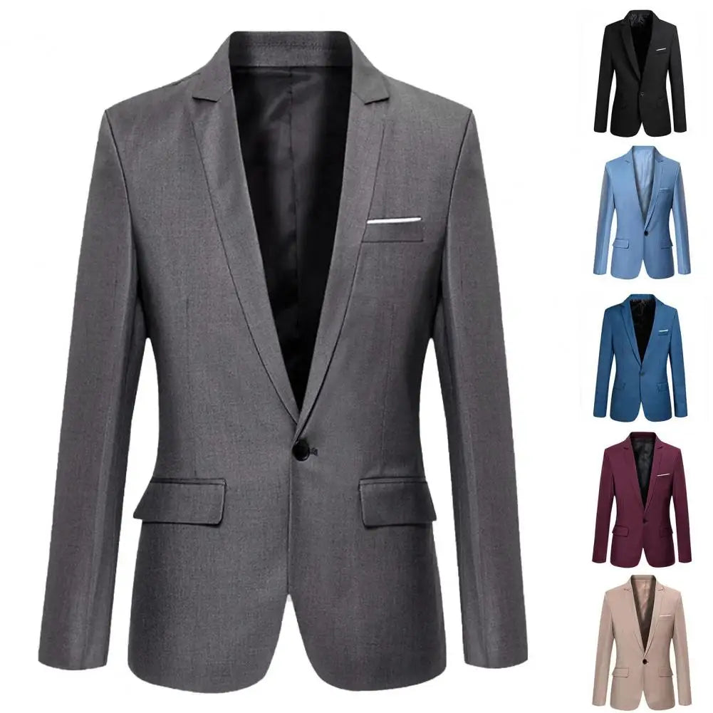 Flap Pockets Long Sleeve Men Blazer Solid Color Single Button Men Formal Blazer Lapel Suit Jacket Business Blazer Male Clothing