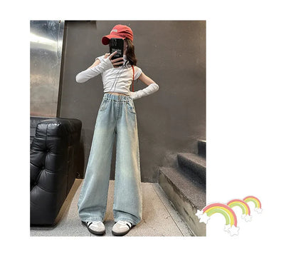 Kids High Waisted Washed Jeans Classic Trendy Street Straight Denim Pants for Girls Simple Style Jeans Trousers For Teens Child