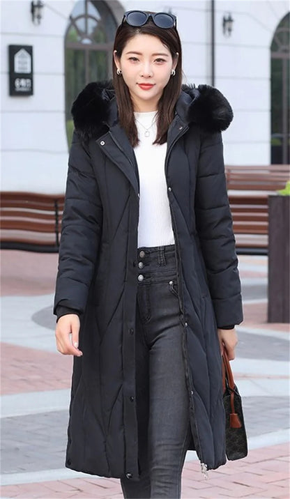 New Snow Wear Coat Women Parkas Fur Collar Down Cotton Jacket Warm Female Loose Long Winter Jackets Puffer Parka Outerwear