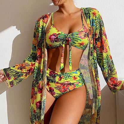 Split Three Piece Floral Printed Swimsuit