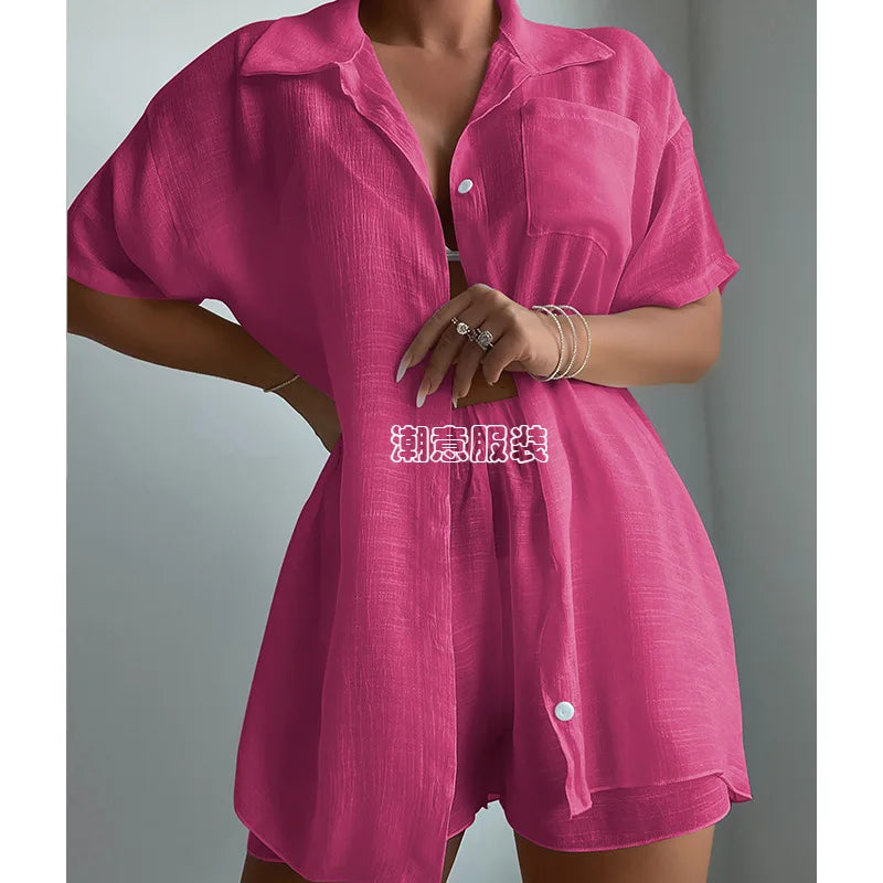 Beach Vacation Solid Color Short Sleeve Shirt Set Casual Summer New Loose Sun Protection Suit Beach Swimsuit Cover Up Short Sets