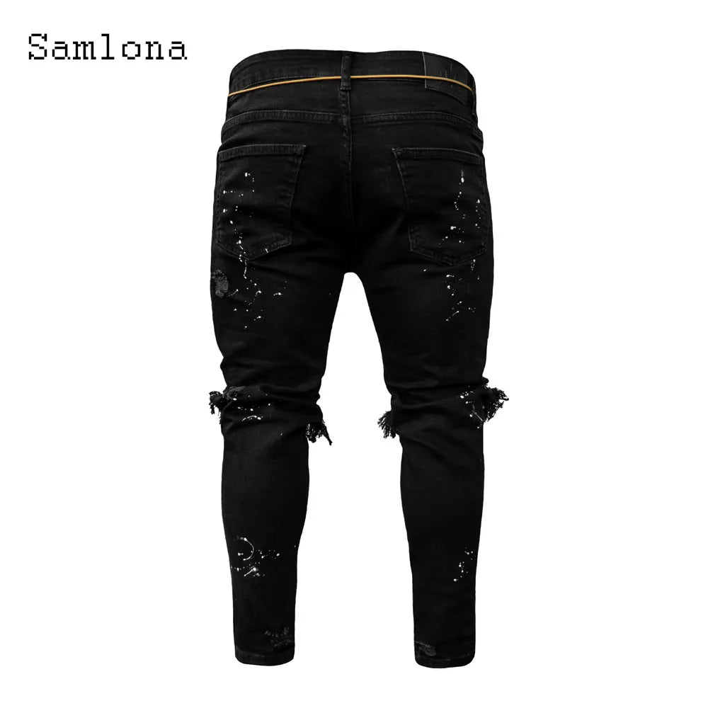 Samlona Jeans Mens Fashion Skinny Denim Pant Male Streetw New Patchwork Demin Pants Sexy Jeans Blue Grey Pencil Trouser