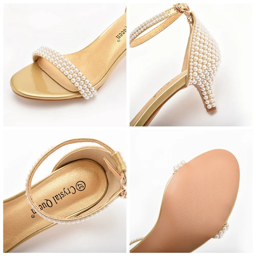 Summer High-heeled Women's Sandals String Bead PU 5CM Thin Heels Buckle Strap Wedding Dress Women's Shoes Golden Middle Heels