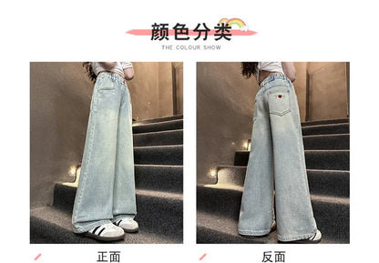 Kids High Waisted Washed Jeans Classic Trendy Street Straight Denim Pants for Girls Simple Style Jeans Trousers For Teens Child