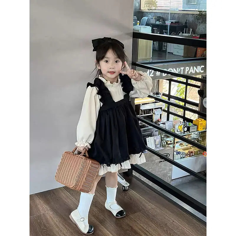 Spring Kids Girl Nolita Set 2023 New Children’s Clothing Long-sleeved Shirt + Overalls Dress 2PCS Suit Baby Girl Clothes Set