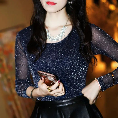 Tee Lace 2024 Blue Woman T-shirt Mesh Tshirt Sequin Glitter Clothing Rhinestone Top for Women with Sleeves New in Trend Fitted O