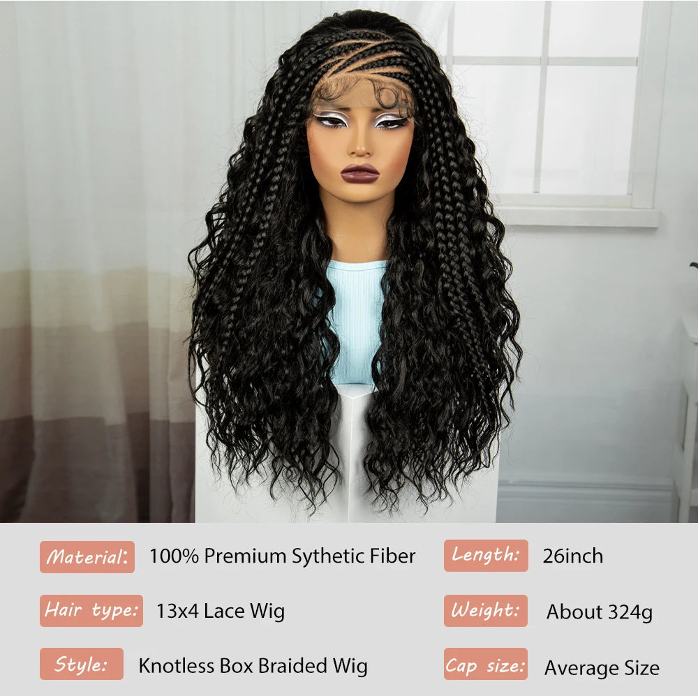 26 Inch Natural Water Wave Synthetic Braided Wigs Lace Braided Wig Curly Knotless Box Braids Wigs With Baby Hair for Black Woman