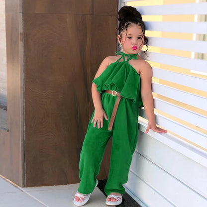 New Casual Girls' Summer Halter Ruffle Sleeve Jumpsuit Soild Suspender Romper Fashion Clothing for Toddler Girl 1-8 Years