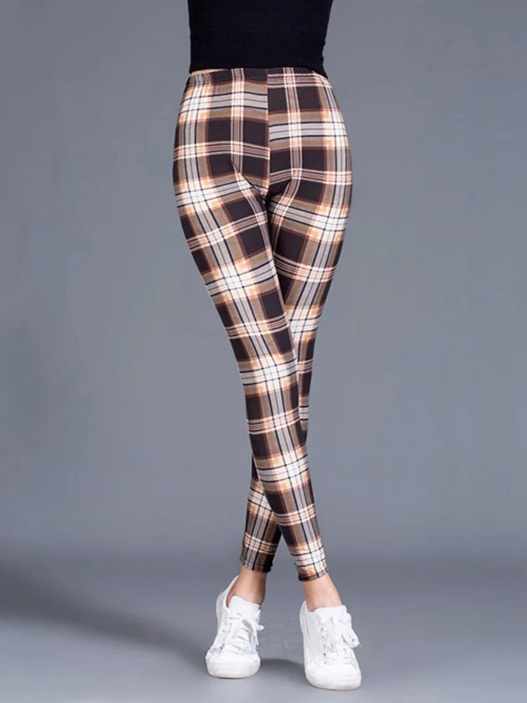 CUHAKCI Female Fitness Leggings Women Print Plaid Leggings Lady Sexy Slim Pencil Pants Push Up Elastic Waist Trousers