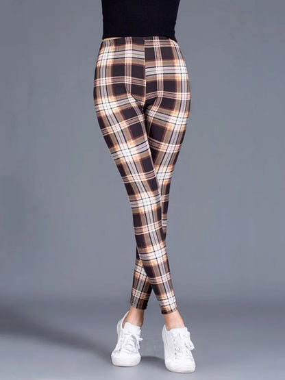 CUHAKCI Female Fitness Leggings Women Print Plaid Leggings Lady Sexy Slim Pencil Pants Push Up Elastic Waist Trousers