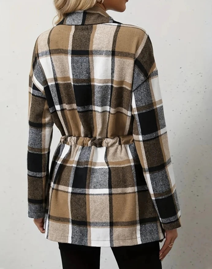 Women's Plaid Pattern Flap Detail Drawstring Waist Button Front Coat Daily Clothing Autumn & Winter New Female Fashion Jacket