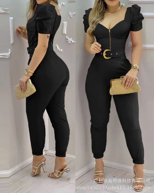 Women's Jumpsuit 2024 New Summer Female Clothing Elegant Street Trendsetters Solid Casual V-Neck Puff Sleeve High Waist Jumpsuit