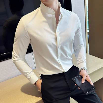 2024 New Stand Collar Luxury Shirts For Men High Quality Hide Buttons Design Solid Slim Fit Business Party Wedding Dress Shirts