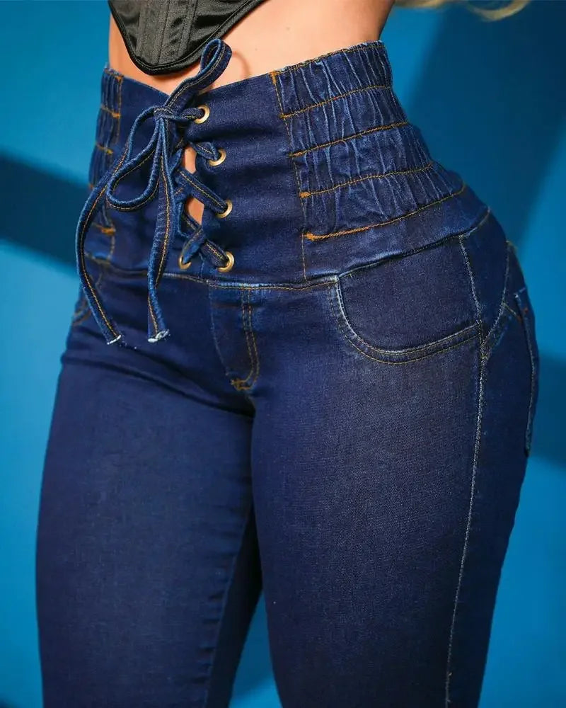 Lace-up High Waist Skinny Jeans