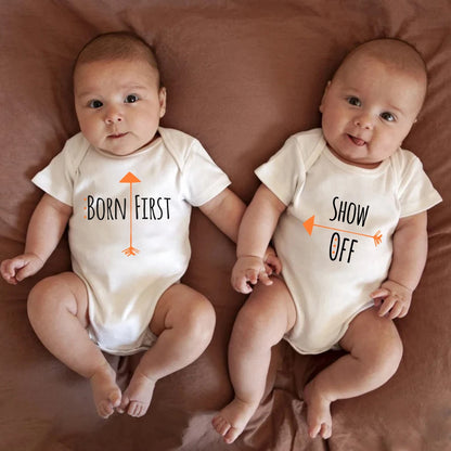 Born First Show Off Funny Twin Newborn Boy Bodysuits Fashion Cute Baby Girl Clothes Short Sleeve Summer Cotton Infant Onesies