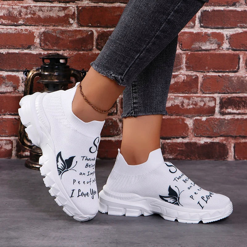 print platform sneakers for women autumn slip-on breathable knit vulcanized shoes female