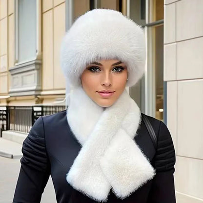 2 Pcs/Set Women Winter Hat Scarf Set Fuzzy Plush Thickened Windproof Heat Retention Cross Neck Wrap Solid Color Dome Faux Fur Fi