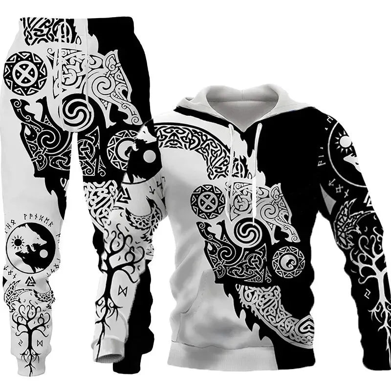 Men's Zipper Tracksuit Set Luxury Golden Pattern 3D Print Casual Hoodie Pants 2pcs Sets Oversize Sweatshirt Fashion Man Clothes