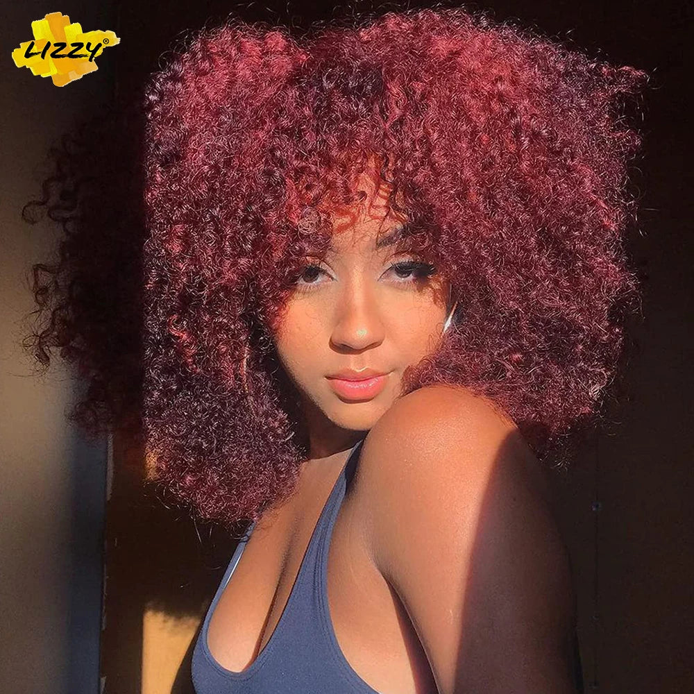 Short Afro Curly Wig With Bangs Synthetic African Fluffy Black Ombre Brown Curly Women's Wigs