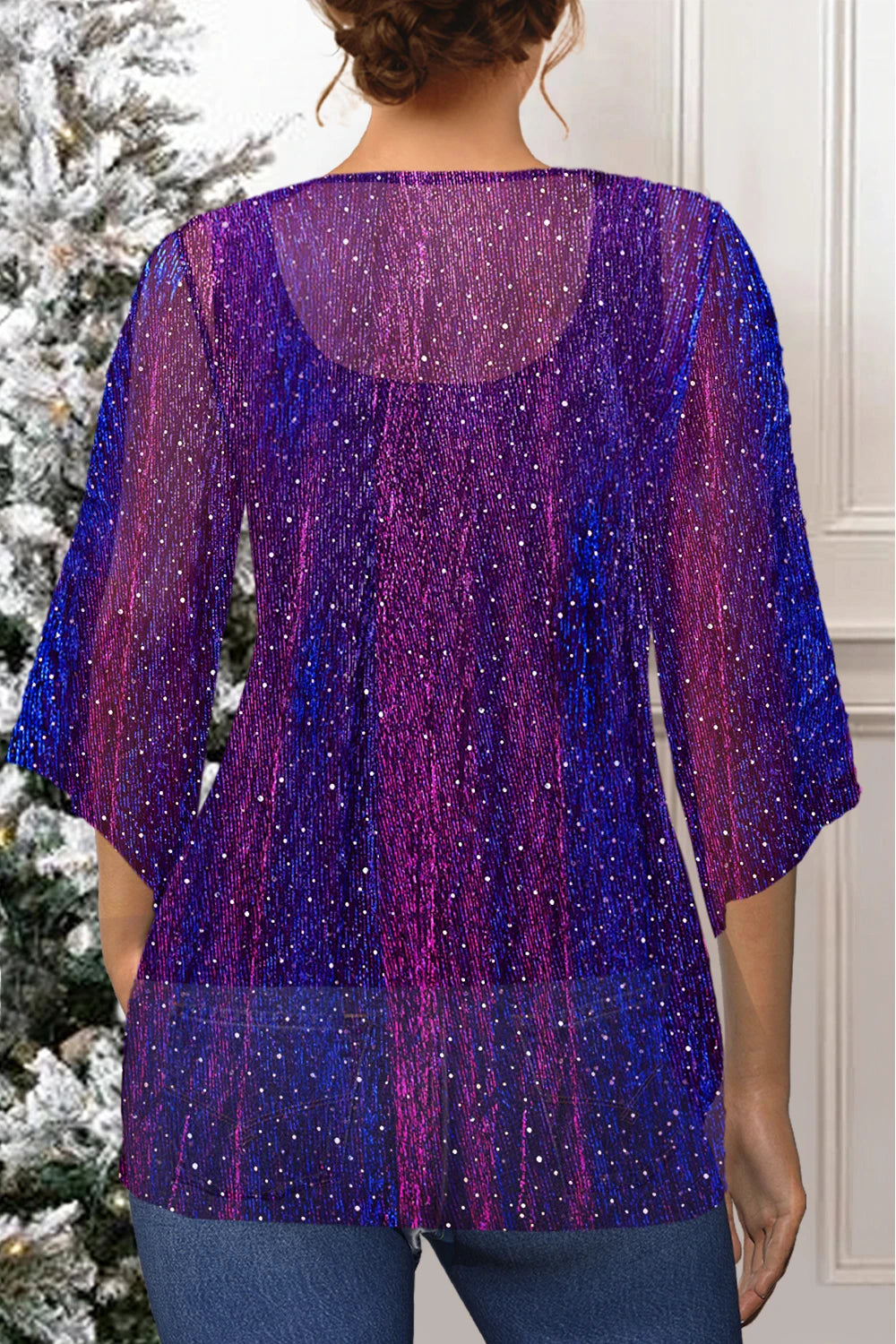 Flycurvy Plus Size Christmas Purple Sparkly Glitter Fabric Kimono Two Pieces Blouse Cover Up Tops with Vest