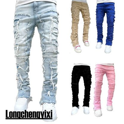 Men's Regular Fit Stacked Jeans Ripped Slim Fit Patch Distressed Destroyed Straight Denim Pants Hip Hop Streetwear Trouser Cloth