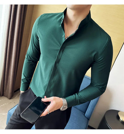 2024 New Stand Collar Luxury Shirts For Men High Quality Hide Buttons Design Solid Slim Fit Business Party Wedding Dress Shirts