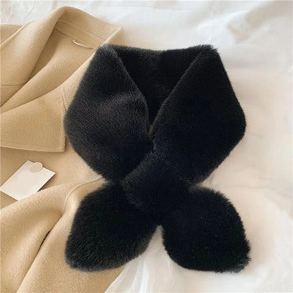 Cross Scarf For Women Autumn Winter Keep Warm Thick Plush Neck Collar Solid Color Fake Rabbit Fur Snood Scarves Warmer Girl Gift