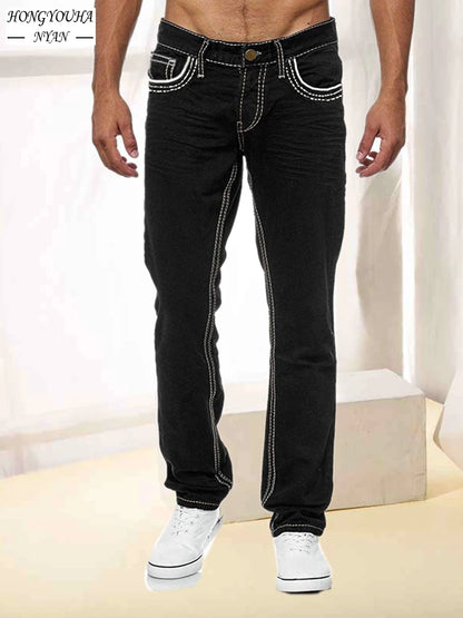 Fashion Black Slim Men Jeans Male Clothing Streetwear Daily Business Casual Trousers Solid Pockets Stretch Denim Straight Pants