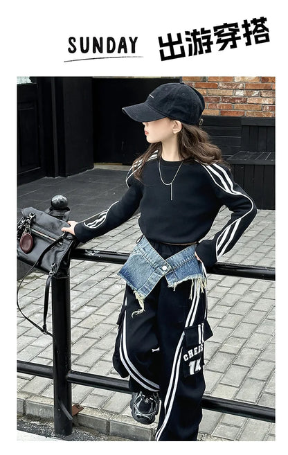 2025 spring teen girl American spliced denim drawstring work pants junior kid casual floor sports Wide leg trousers short hoodie