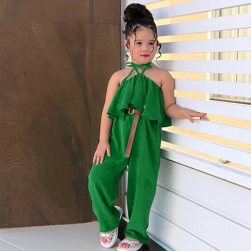 New Casual Girls' Summer Halter Ruffle Sleeve Jumpsuit Soild Suspender Romper Fashion Clothing for Toddler Girl 1-8 Years