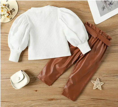 Kids Girls Clothing Set Long Puff Sleeve Ribbed Blouse Tops+PU Leather Pants with Belt 2pcs For Girls' Clothing Size 1 2 3 4 5 6