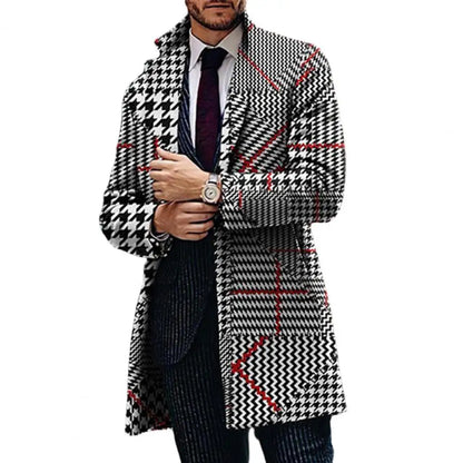 Formal Men Coat Men Geometric Pattern Coat Plaid Print Lapel Trench Coat for Men Stylish Business Style Jacket with for Fall