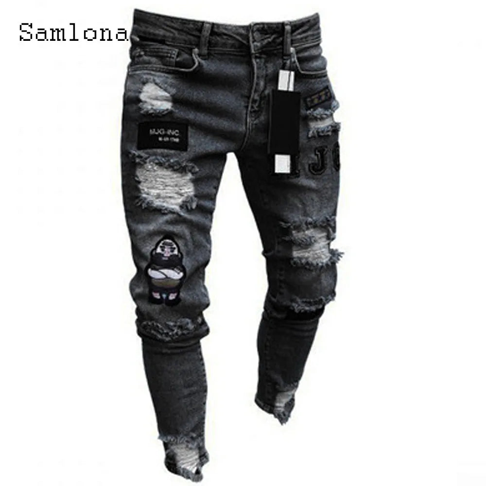 Samlona Jeans Mens Fashion Skinny Denim Pant Male Streetw New Patchwork Demin Pants Sexy Jeans Blue Grey Pencil Trouser