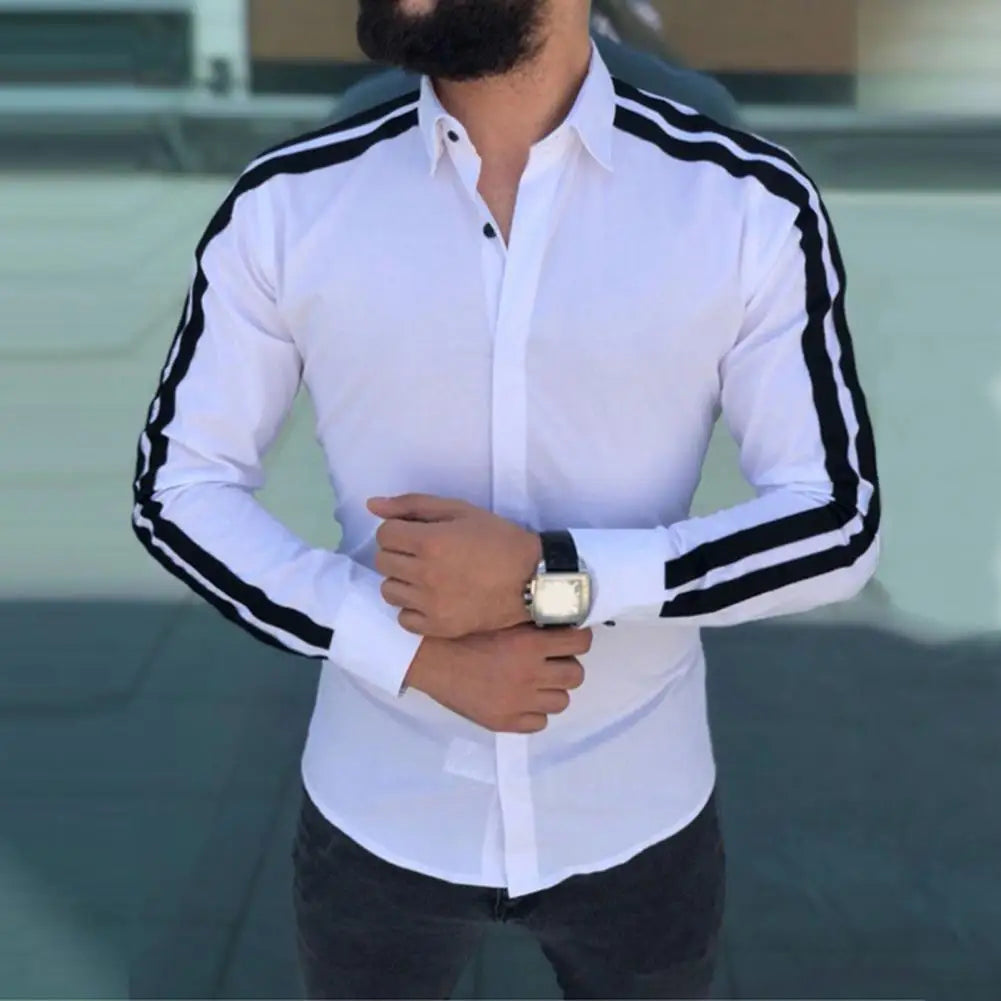 Long Sleeve Turn-down Collar Men Shirt Button Cuffs Side Striped Slim Office Shirt Leisure Clothing Casual Shirt korean popular