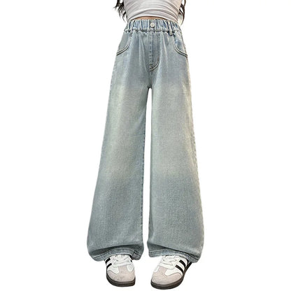 Kids High Waisted Washed Jeans Classic Trendy Street Straight Denim Pants for Girls Simple Style Jeans Trousers For Teens Child