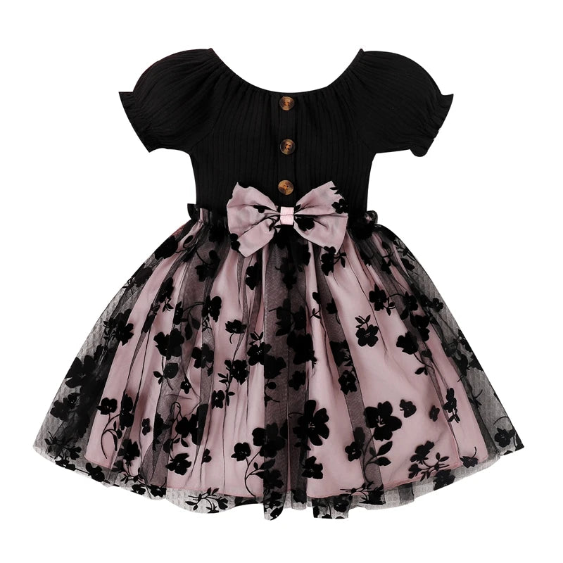 Newborn Kids Girl’s A-line Dress Short Sleeve Crew Neck Flower Bow Tulle Patchwork Summer Party Dress Children's Clothing