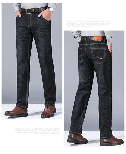 Men's Fashion Business Jeans Classic Style Casual Stretch Slim Jean Pants Male Brand Denim Trousers Black Blue