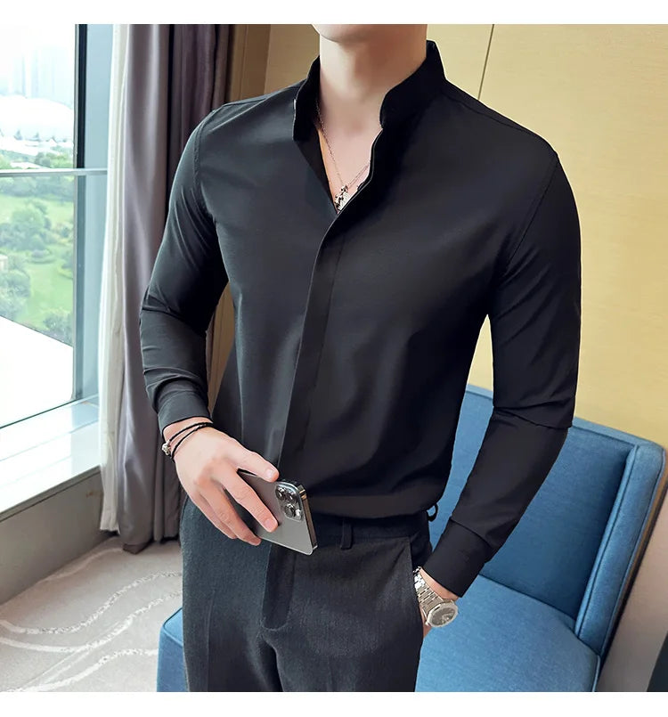 2024 New Stand Collar Luxury Shirts For Men High Quality Hide Buttons Design Solid Slim Fit Business Party Wedding Dress Shirts