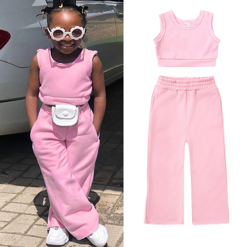 Fashion Kids Little Girls Clothing 2 Pieces Sets Cotton Solid Casual T-shirt+Elastic Waist Pants Young Children Outfits 1-6Y