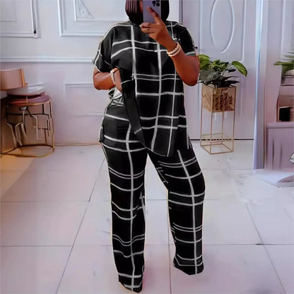 Spring Summer New Fashion Plaid Printed Short Sleeved V Neck Shirt Women Loose Simple Large Size Female Office Pants 2 Piece Set