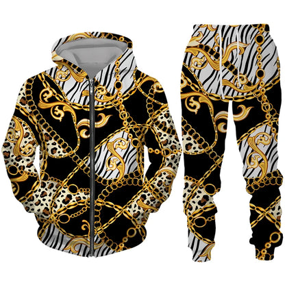 Men's Zipper Tracksuit Set Luxury Golden Pattern 3D Print Casual Hoodie Pants 2pcs Sets Oversize Sweatshirt Fashion Man Clothes