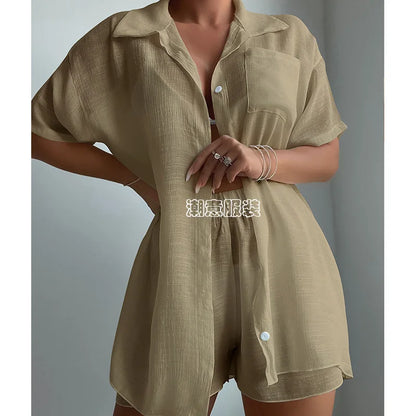 Beach Vacation Solid Color Short Sleeve Shirt Set Casual Summer New Loose Sun Protection Suit Beach Swimsuit Cover Up Short Sets