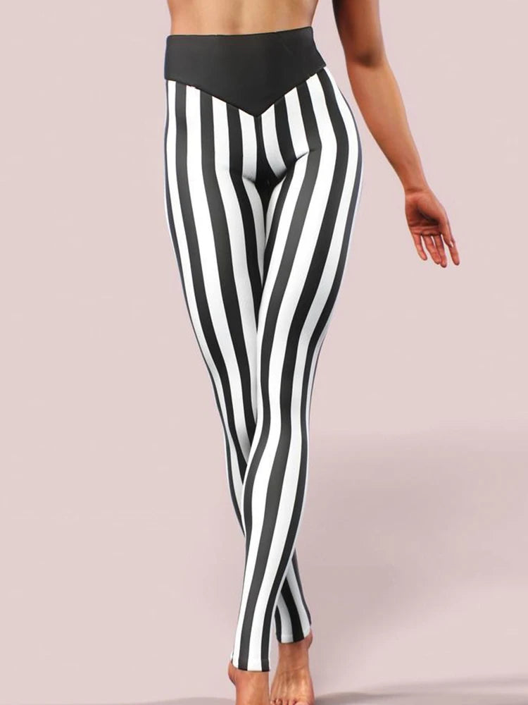 Fitness Jeggings Workout Pencil Pants Sexy Leggings Women Fashion High Waist Black White Striped Printed Leggins Elastic Gym