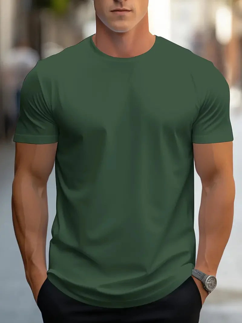 Men's Fashion Round Neck Printed T-Shirt Short Sleeve Solid Color Streetwear Loose Fit Summer Top