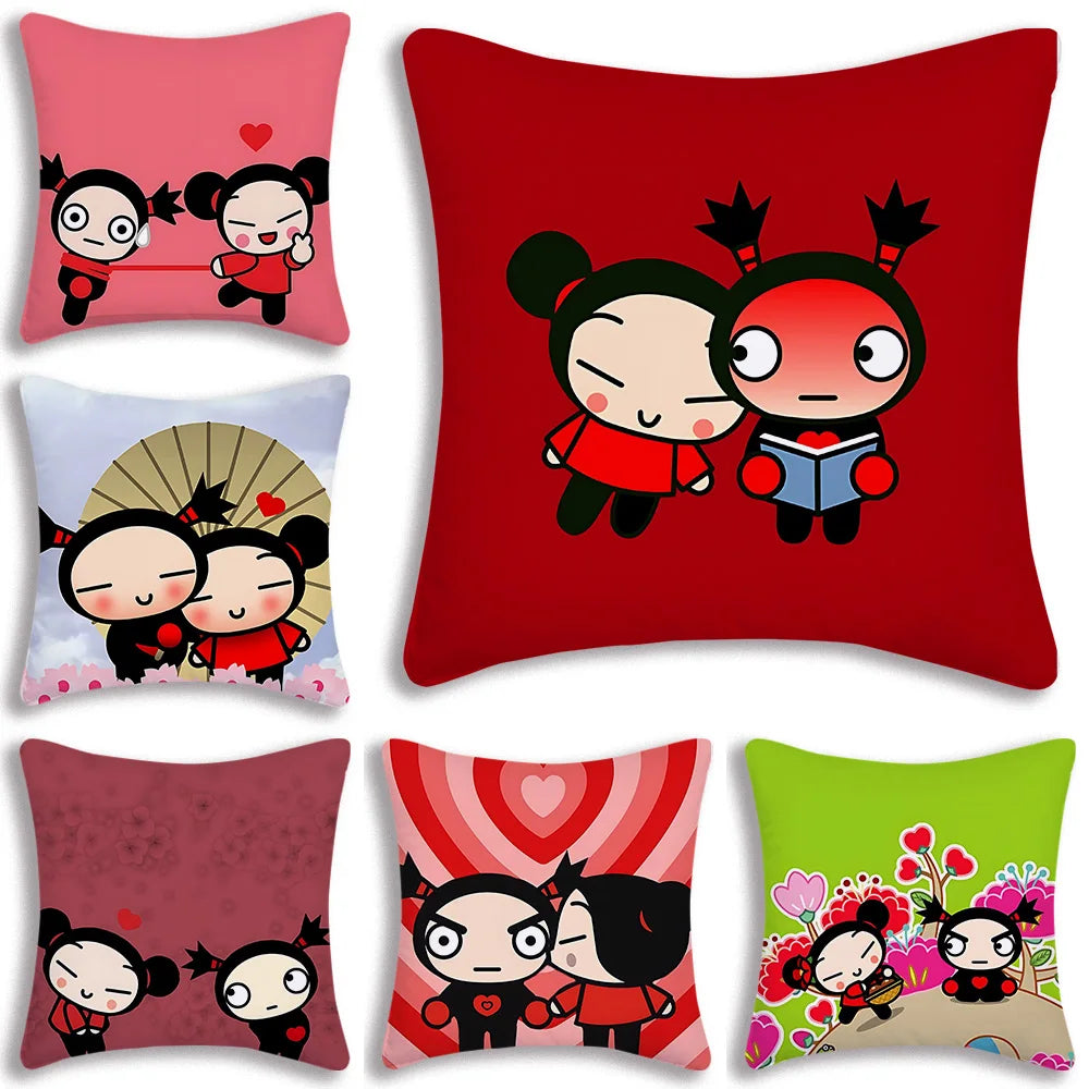 Pillow Covers Cartoon Kawaii Pucca Anime Manga Sofa Decorative Home Double-sided Printing Short Plush Cute Cushion Cover