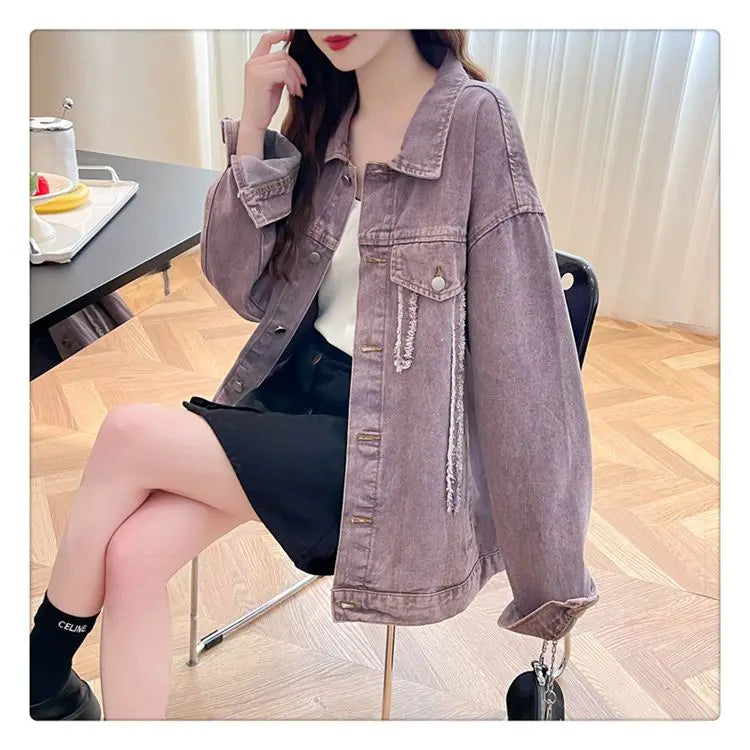 Casual Purple Denim Jacket for Women Loose Long-sleeved Autumn Outerwear Korean Style