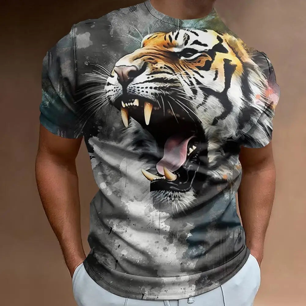 Fashionable 3D Fierce Tiger Print Men's T-Shirt Retro Loose Oversized Short Sleeve Eye Catching Man Clothing 2024 Tees