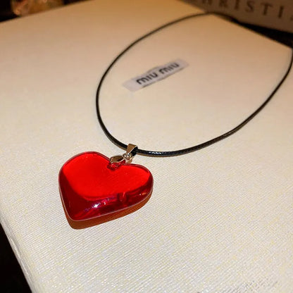 Red Heart Pendant Necklace For Women Girls Glass Crystal Necklace Black Leather Rope Chain Necklaces Y2k Jewelry Friends Gift