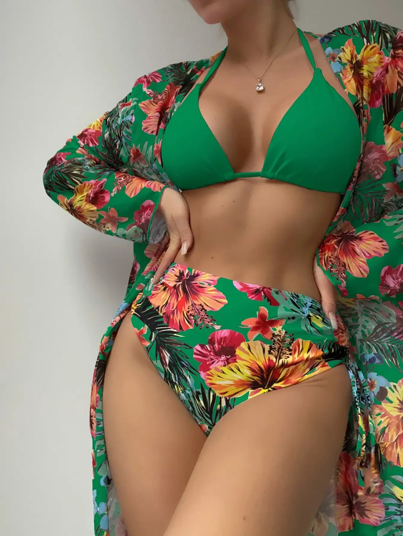 Three Piece Set Printed Mesh Cover Shirt Split Swimsuit