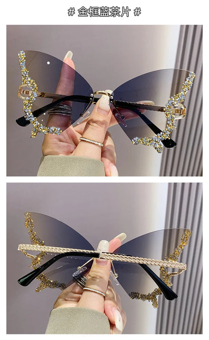 Luxury Butterfly Diamond Sunglasses Ladies Large Rimless Glasses Fashion Personalised Stage Performance Glasses Party Essentials